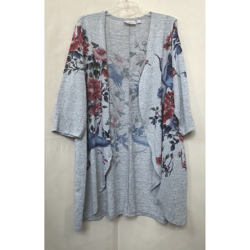 Quacker Factory Grandmacore Gray Floral Crane Rhinestone Open Front Cardigan 2X